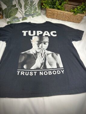 Tupac Black Graphic Tee with Large Front Photo and 'Trust Nobody' Text